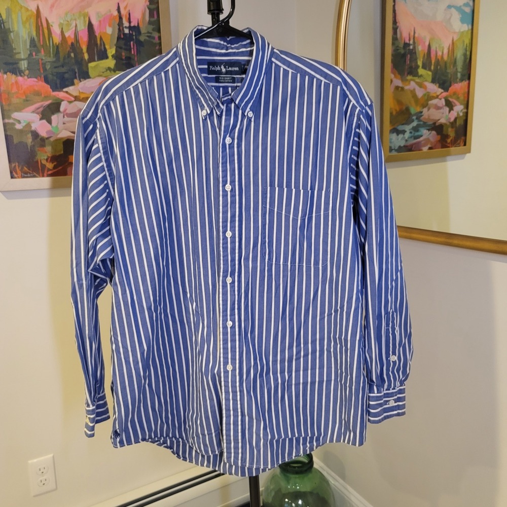 Ralph Lauren Big Shirt Mens Large Blue White Striped Cotton Button Down Vintage